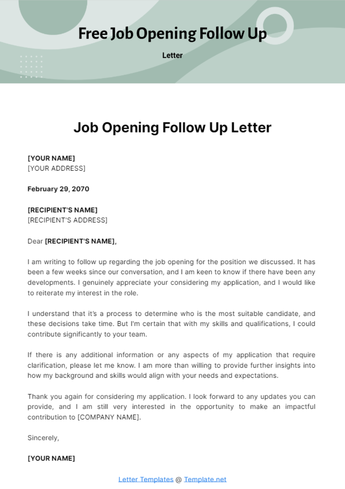 Free Job Opening Follow Up Letter Template