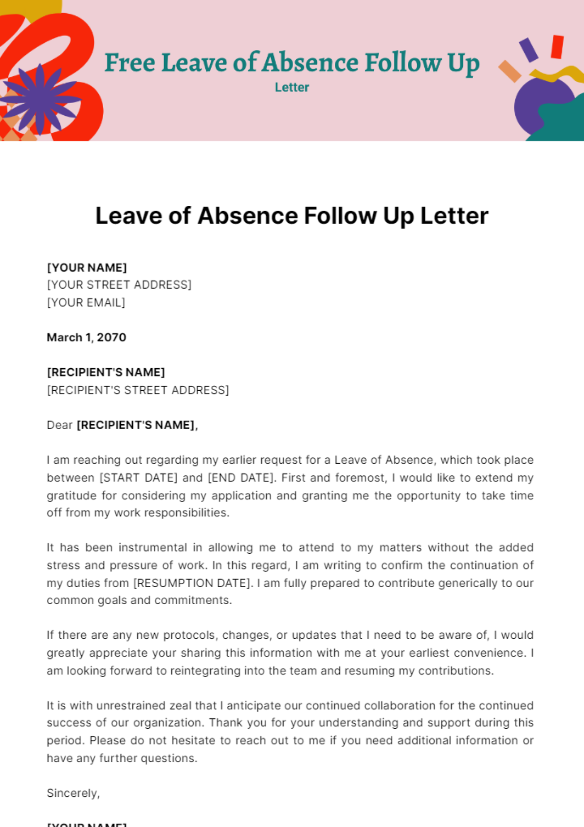 Free Leave of Absence Follow Up Letter Template