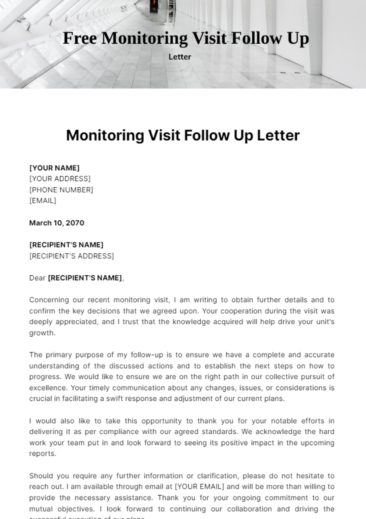 Free Monitoring Visit Follow Up Letter Template