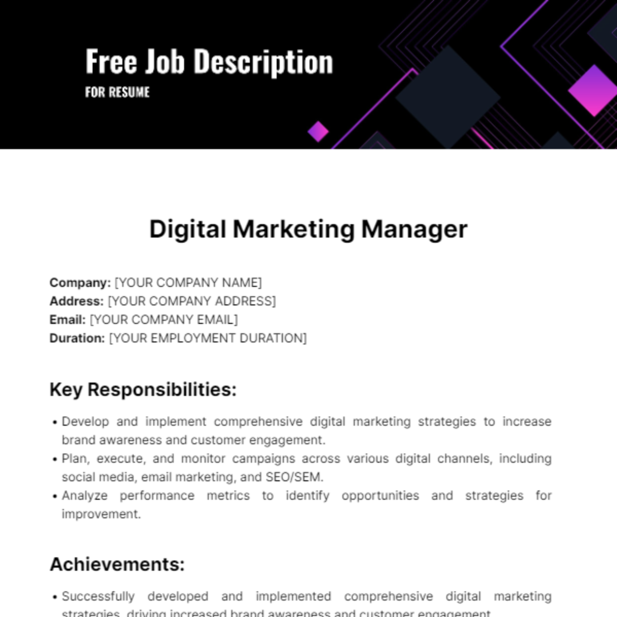 Job Description for Resume Template - Edit Online & Download