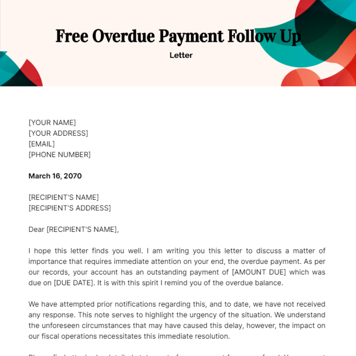 Overdue Payment Follow Up Letter Template
