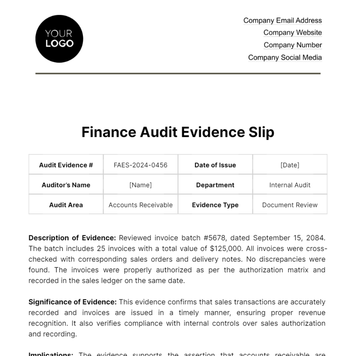 Finance Audit Evidence Slip Template