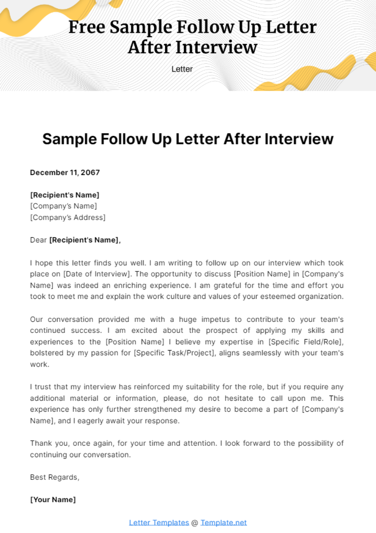 Free Sample Follow Up Letter After Interview Template