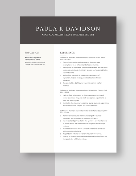 Golf Course Assistant Superintendent Resume  Template