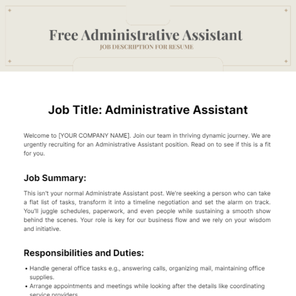 Administrative Assistant Job Description for Resume Template - Edit Online & Download