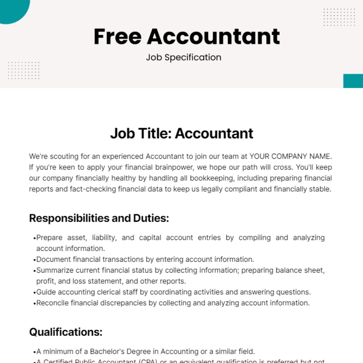 Accountant Job Specification Template - Edit Online & Download