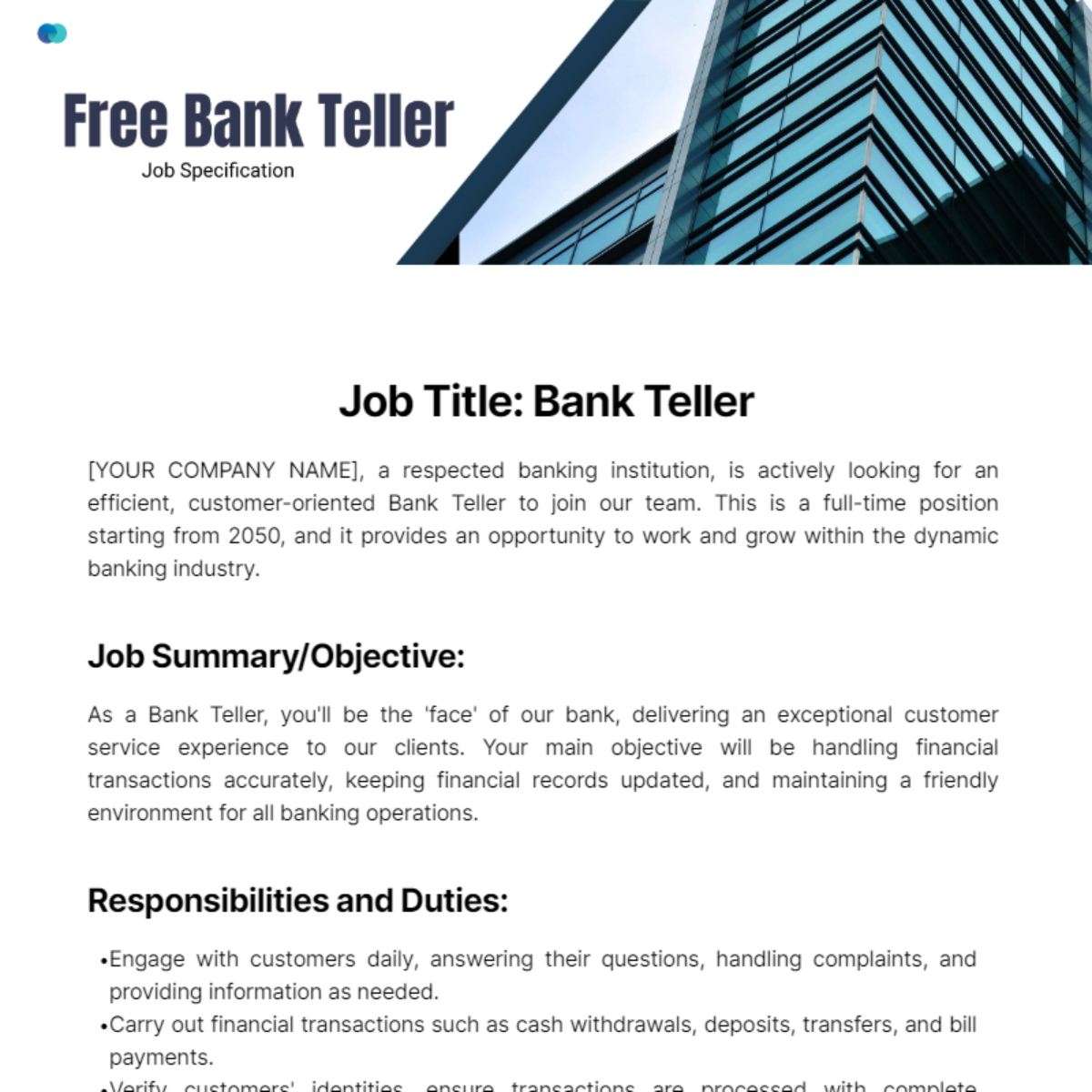 Bank Teller Job Specification Template - Edit Online & Download