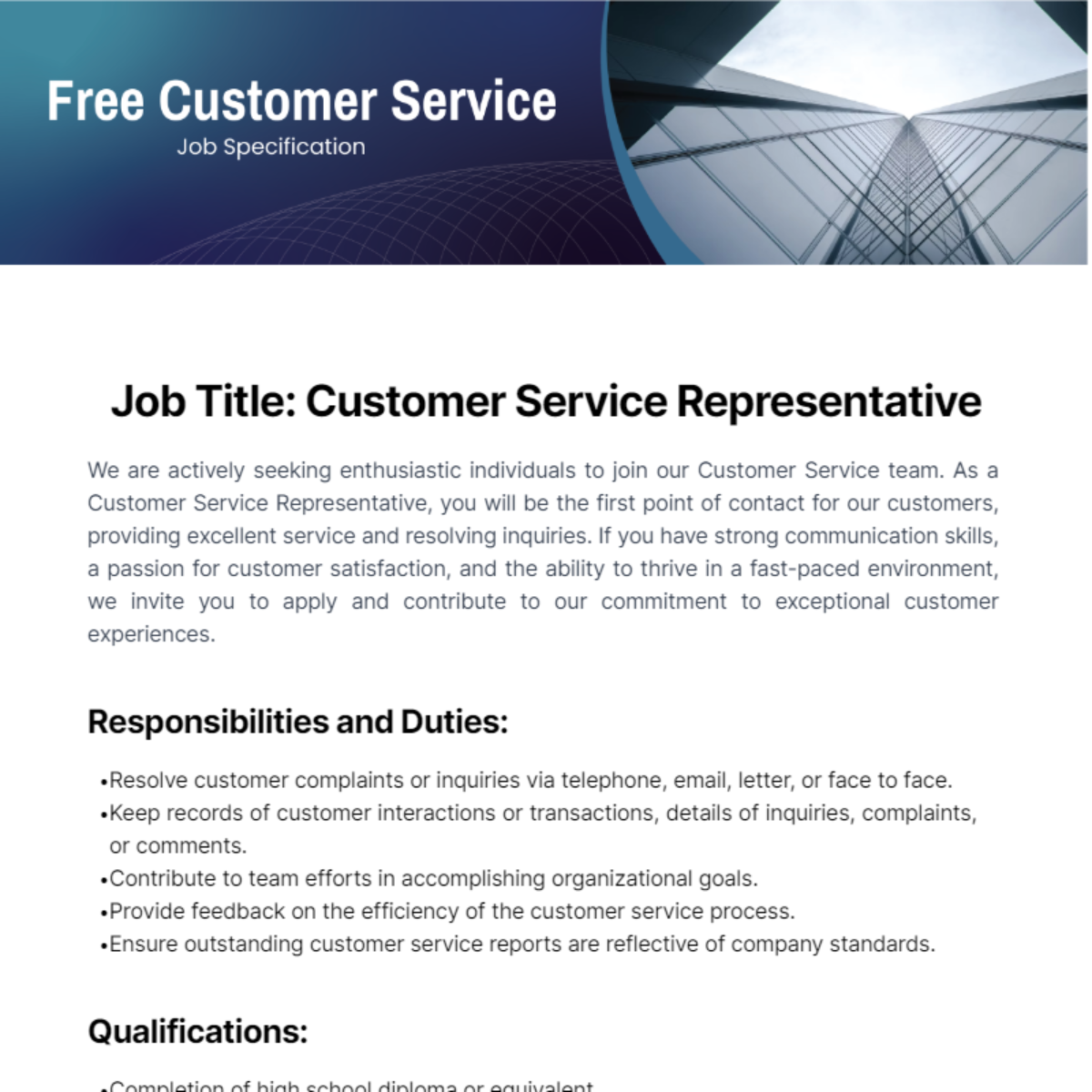 Customer Service Job Specification Template - Edit Online & Download