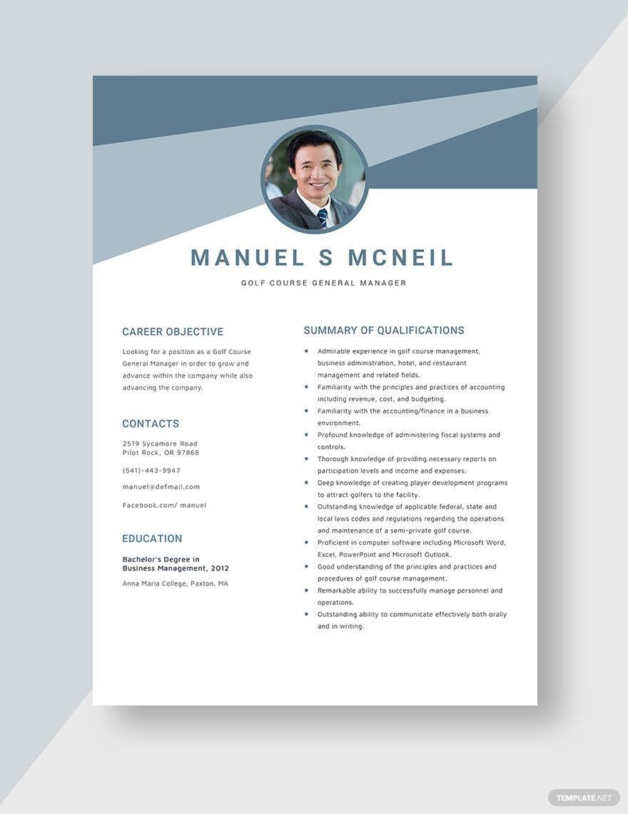 Free Golf Course General Manager Resume Download In Word Apple Pages 