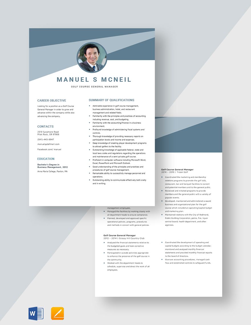 Free Golf Course General Manager Resume Download In Word Apple Pages 