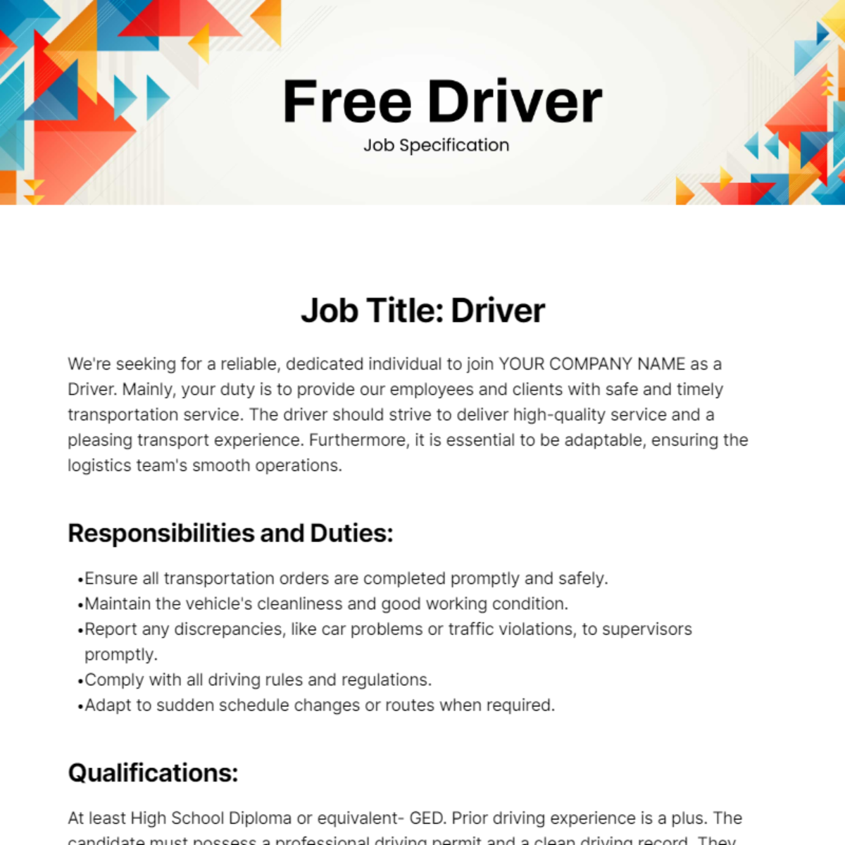 Driver Job Specification Template - Edit Online & Download