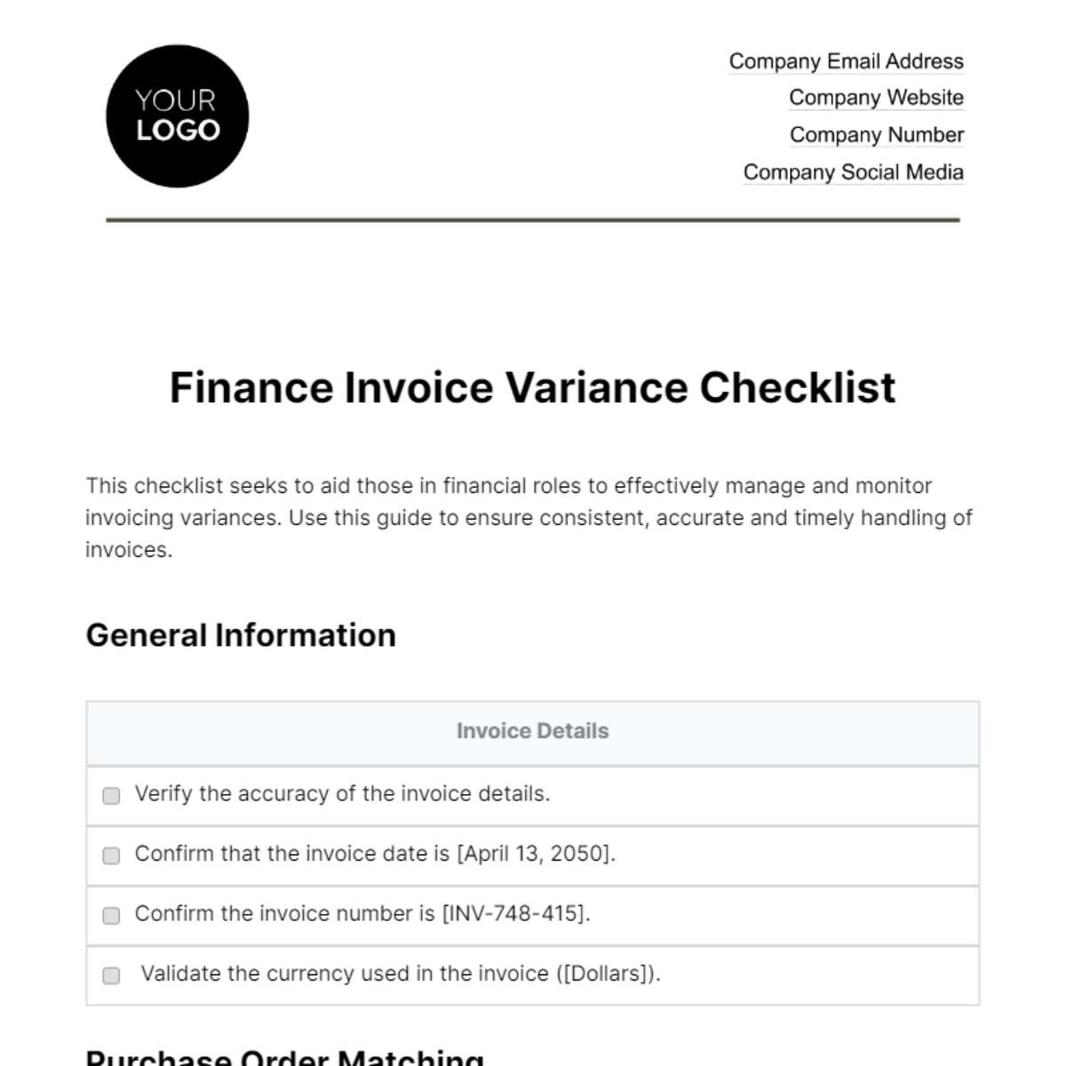 Finance Invoice Variance Checklist Template