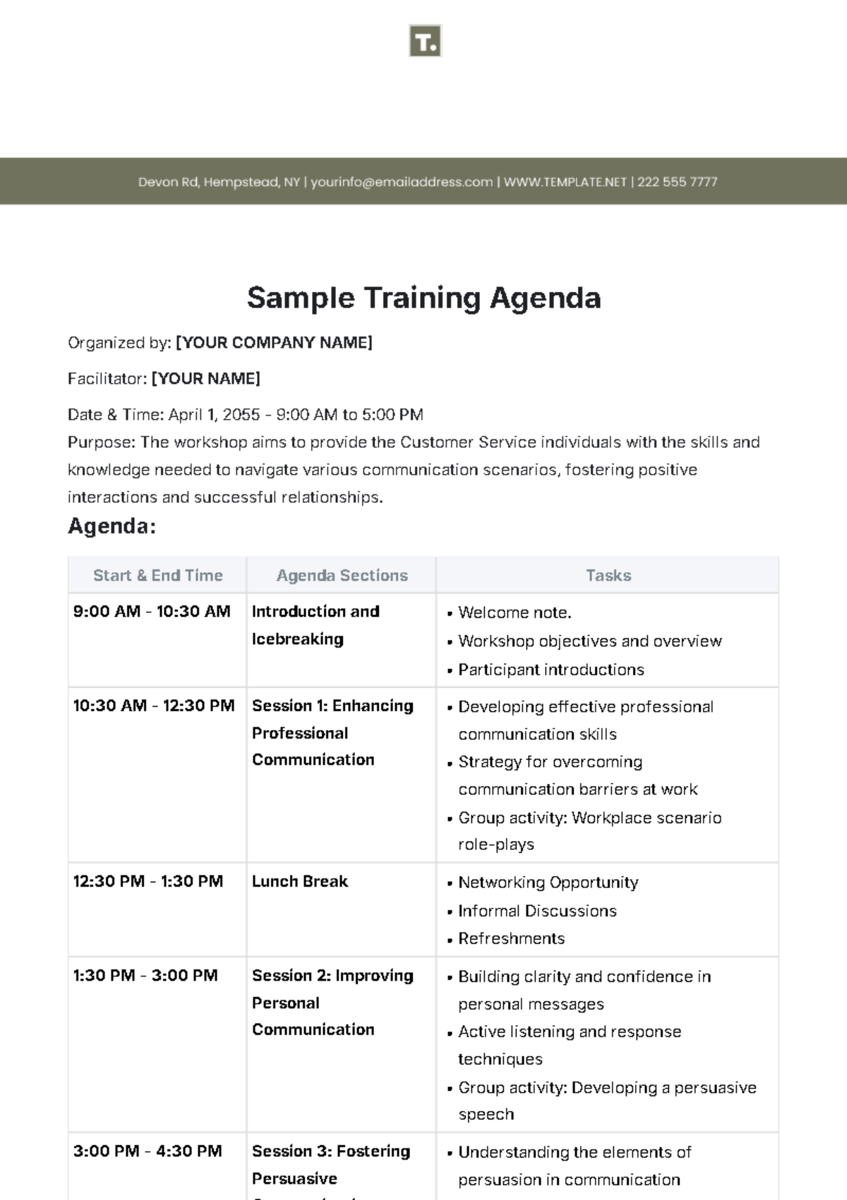 Sample Training Agenda Template - Edit Online & Download