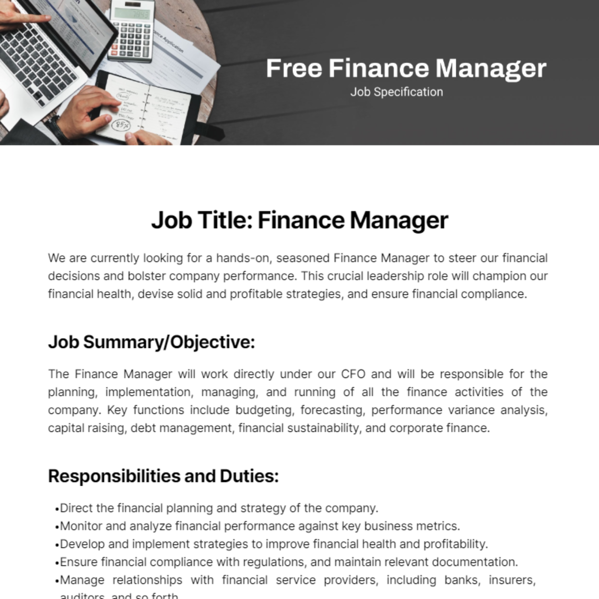 Finance Manager Job Specification Template - Edit Online & Download