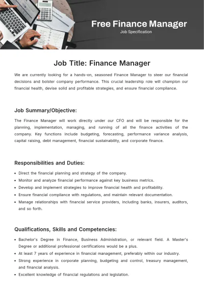 Free Finance Manager Job Specification Template to Edit Online