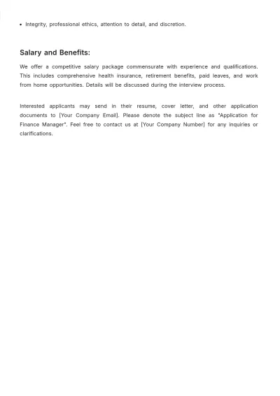 Free Finance Manager Job Specification Template to Edit Online
