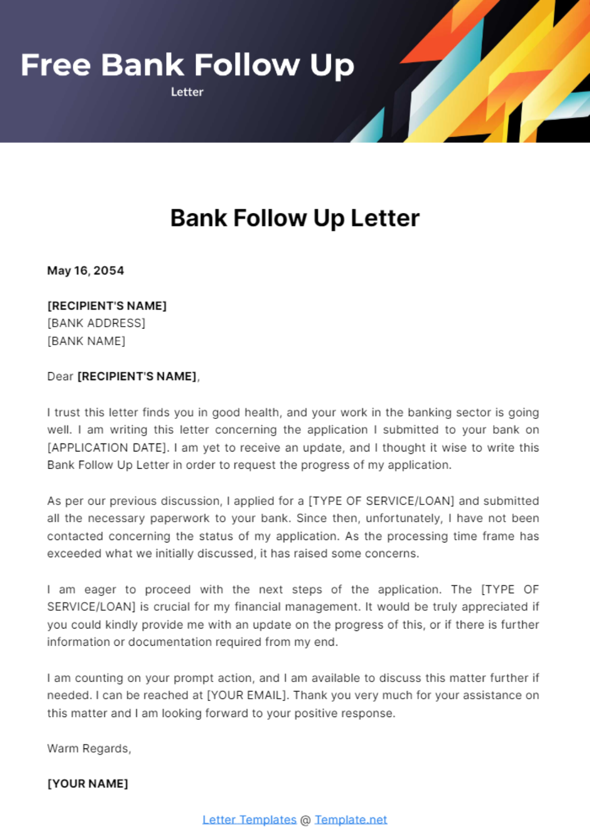 Free Bank Follow Up Letter Template