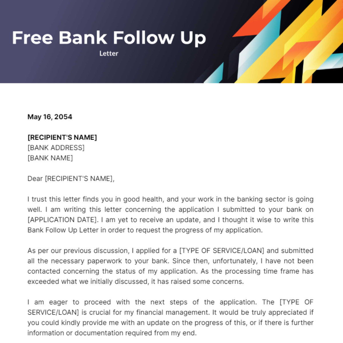 Bank Follow Up Letter Template