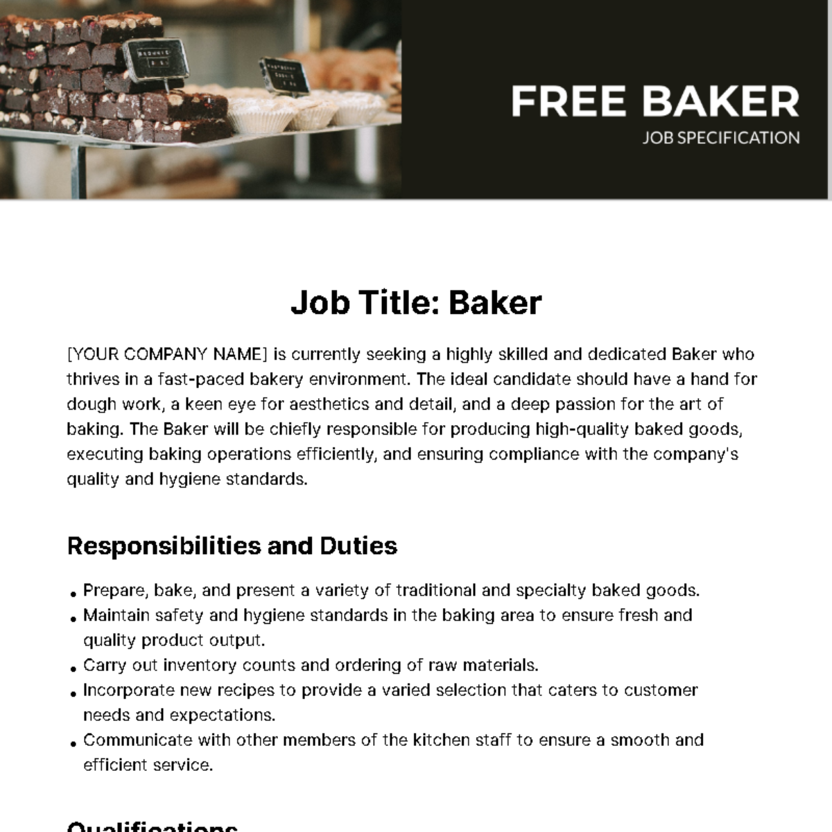 Baker Job Specification Template - Edit Online & Download