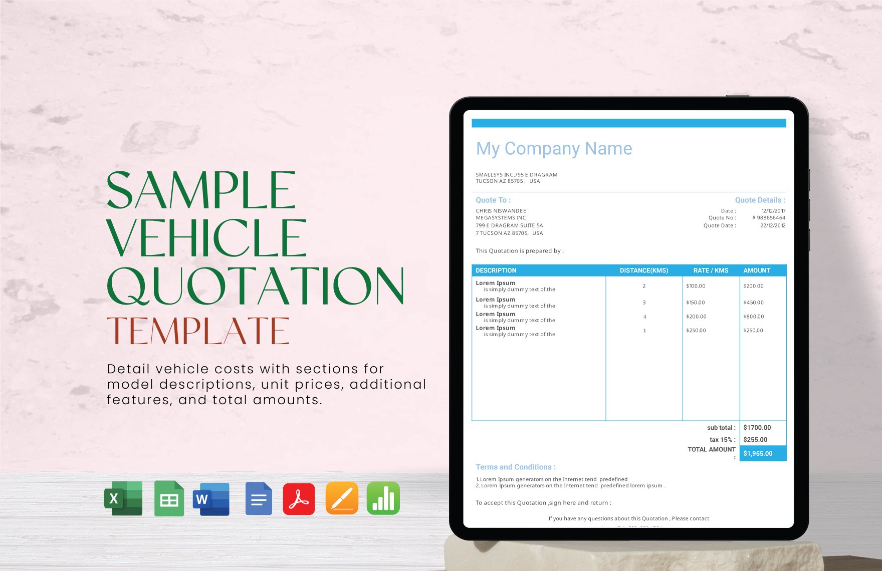Sample Vehicle Quotation Template in Word, Google Docs, Excel, PDF, Google Sheets, Apple Pages, Apple Numbers