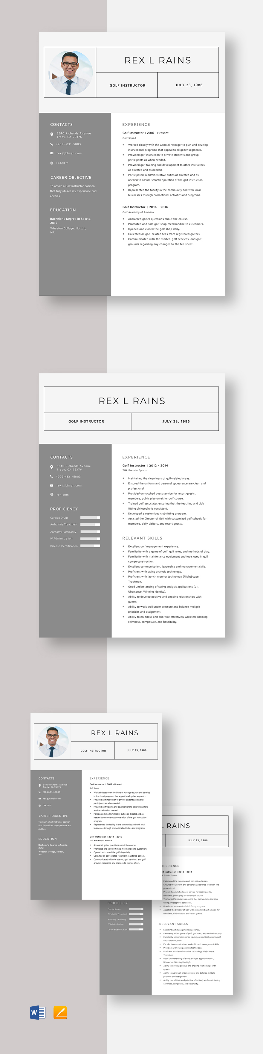 Free Golf Instructor Resume Template Word, Apple Pages