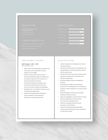 Golf Manager Resume  Template