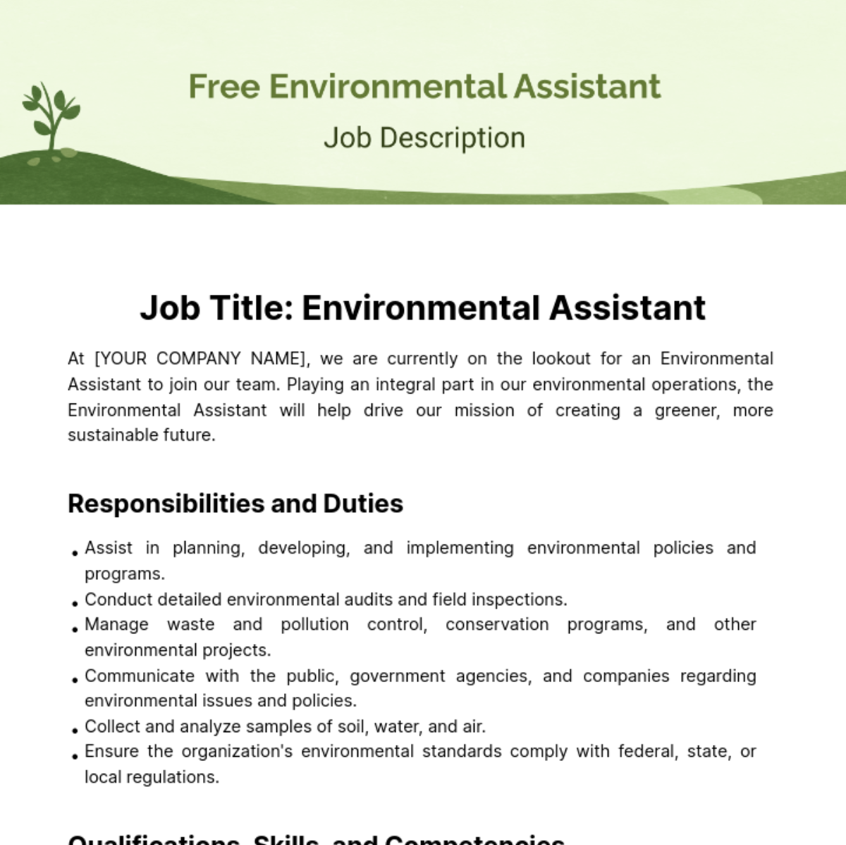 Environmental Assistant Job Description Template - Edit Online & Download