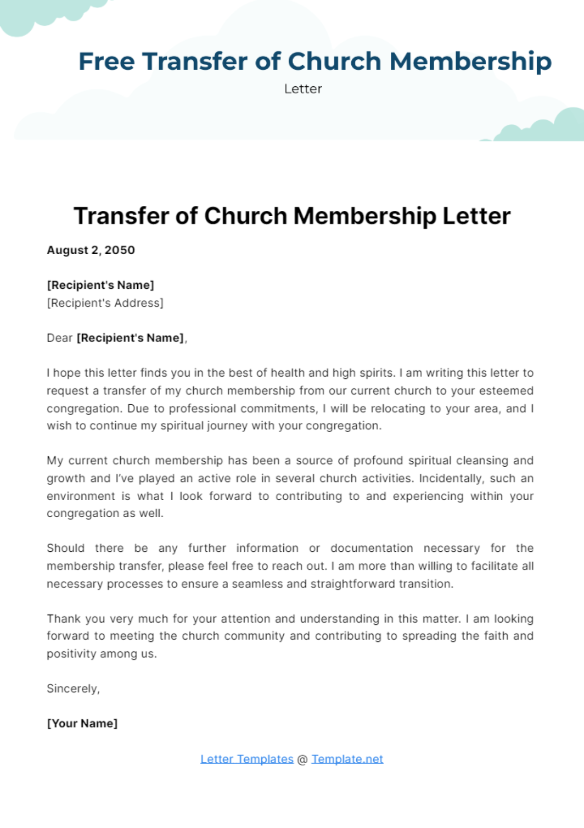 Free Transfer of Church Membership Letter Template