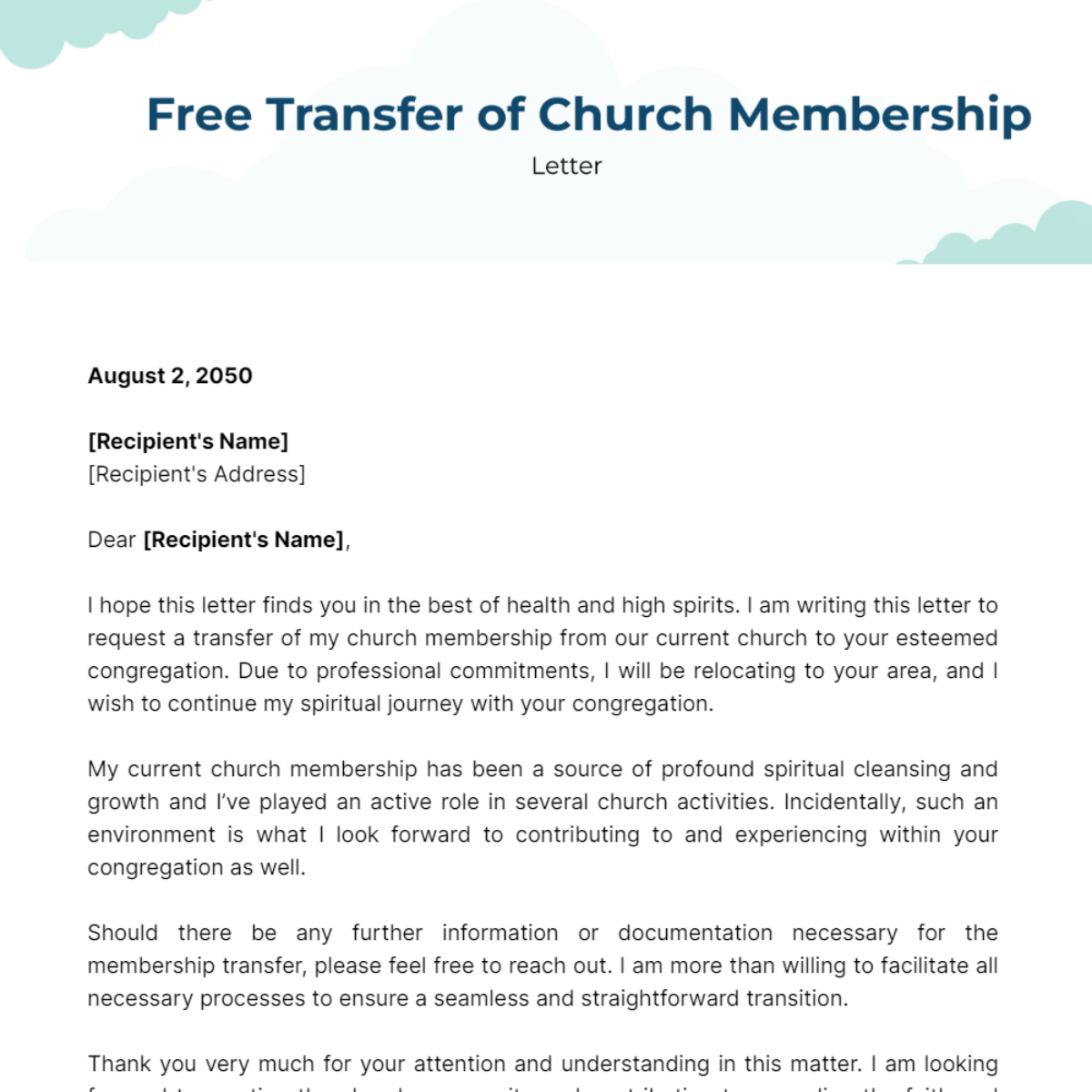 Transfer of Church Membership Letter Template