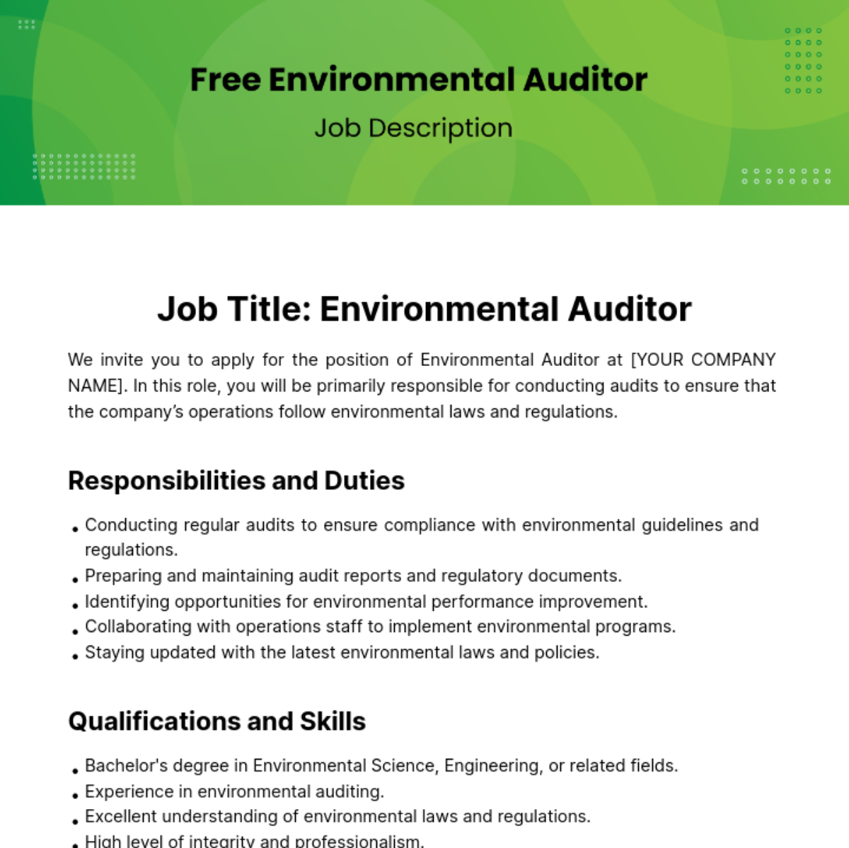 Environmental Auditor Job Description Template - Edit Online & Download