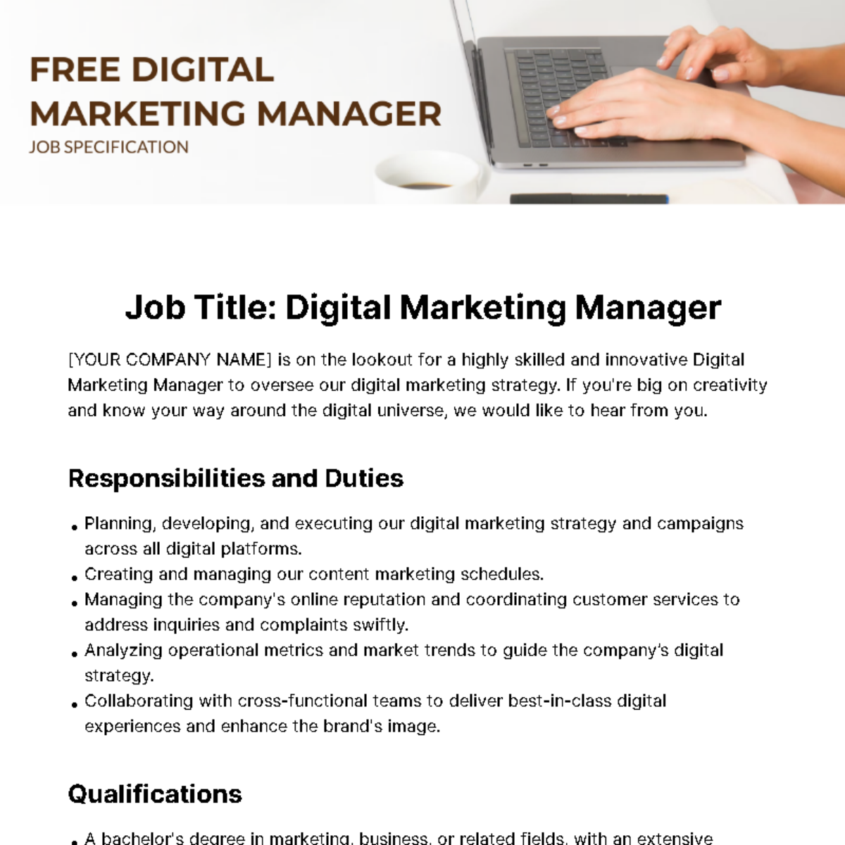 Digital Marketing Manager Job Specification Template - Edit Online & Download