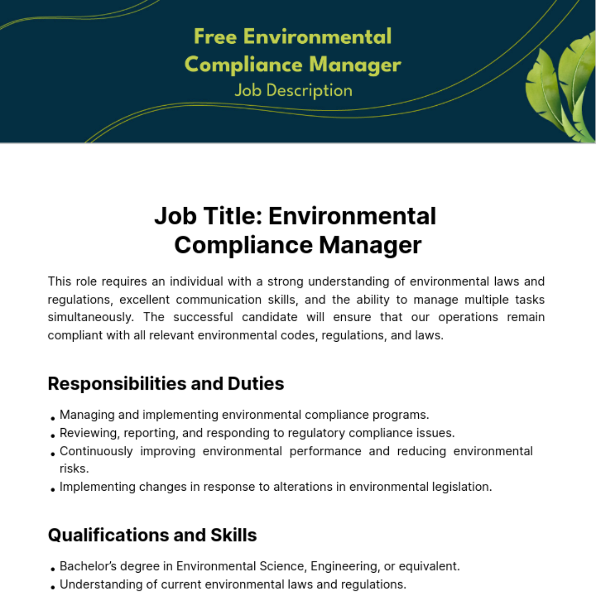 Environmental Compliance Manager Job Description Template - Edit Online & Download