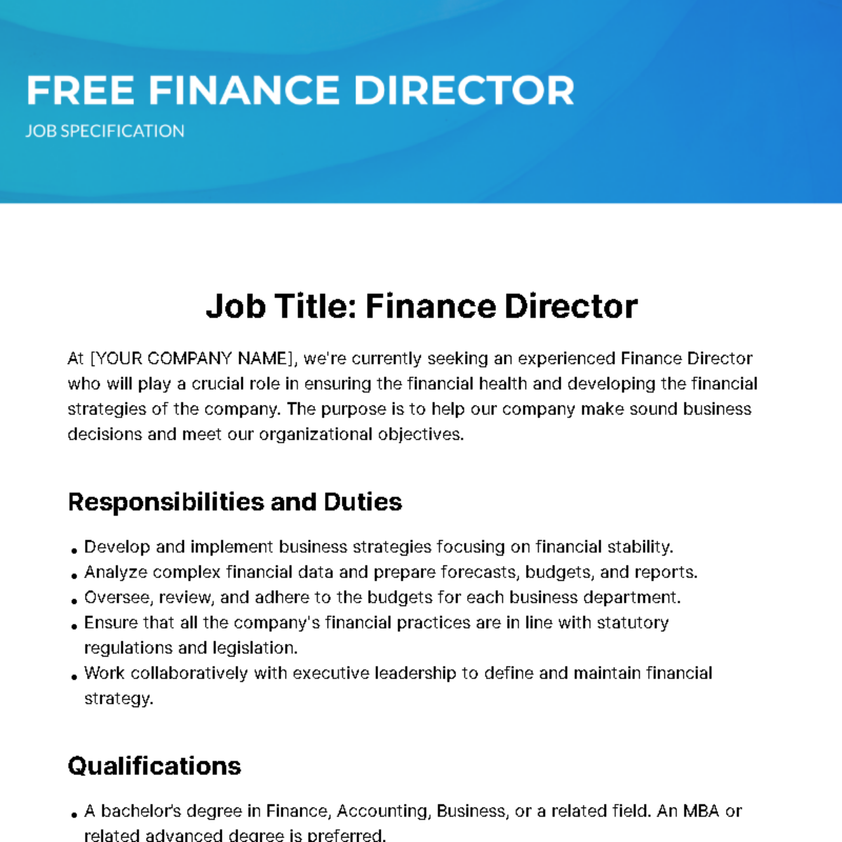 Finance Director Job Specification Template - Edit Online & Download