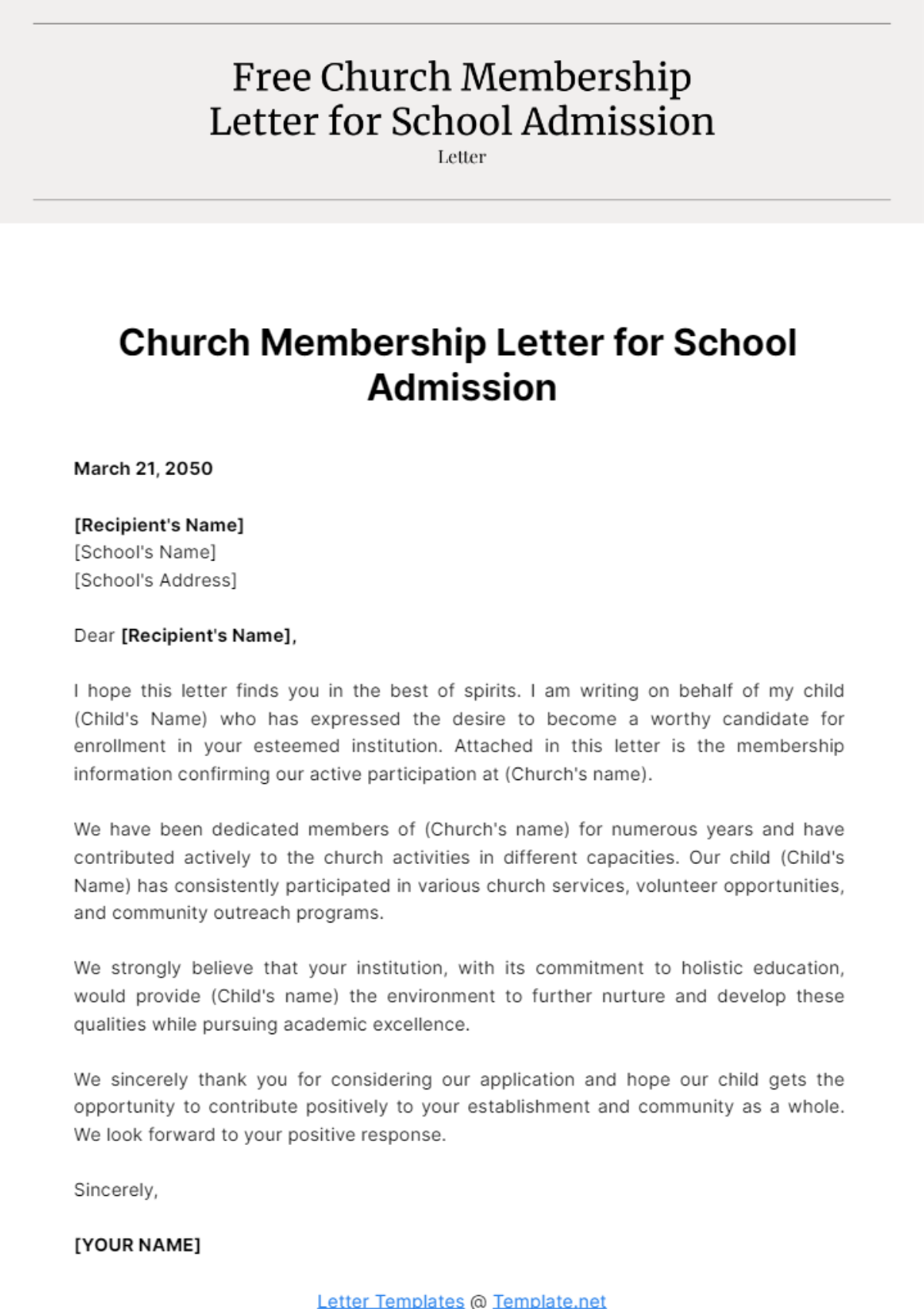 Free Church Membership Letter for School Admission Template