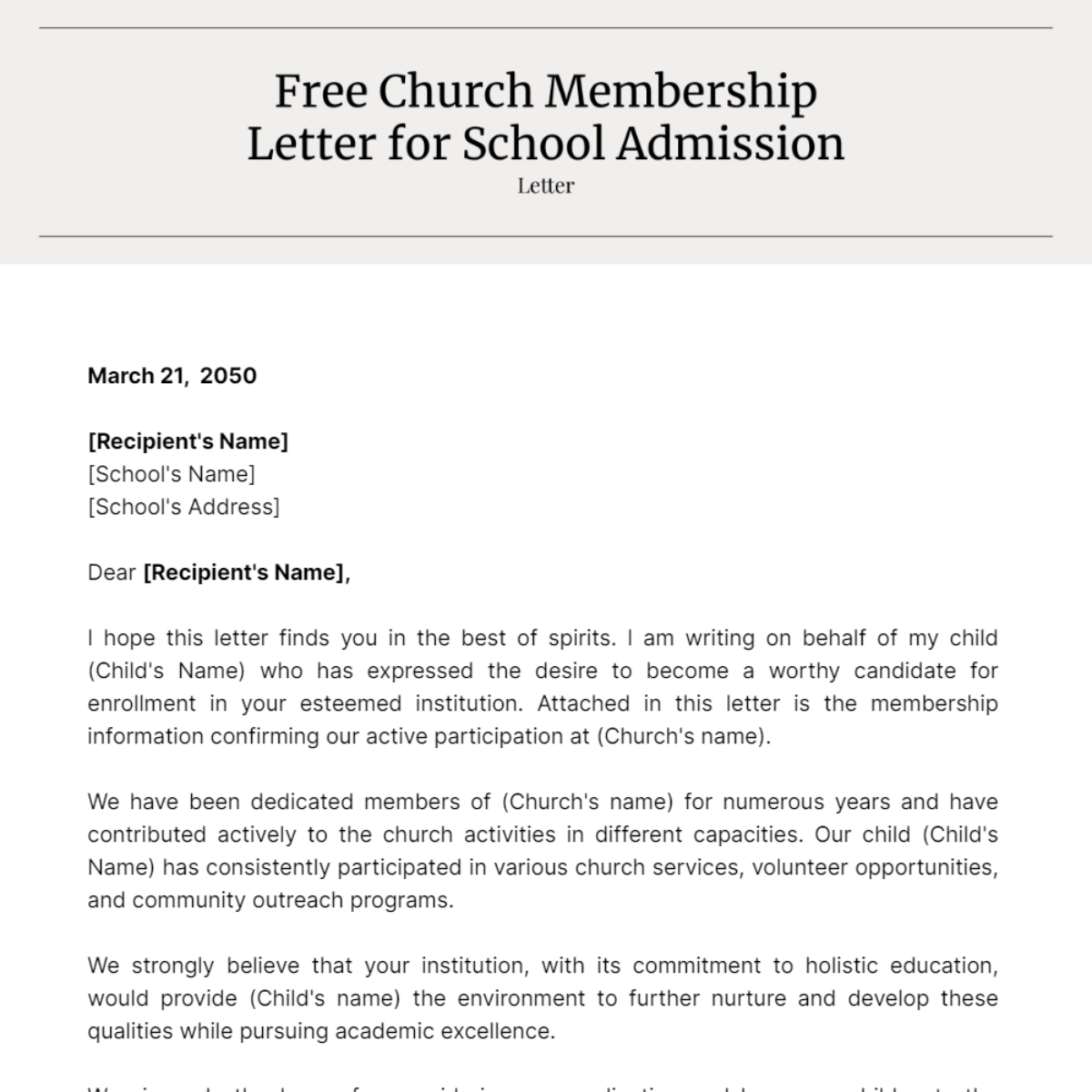 Church Membership Letter for School Admission Template