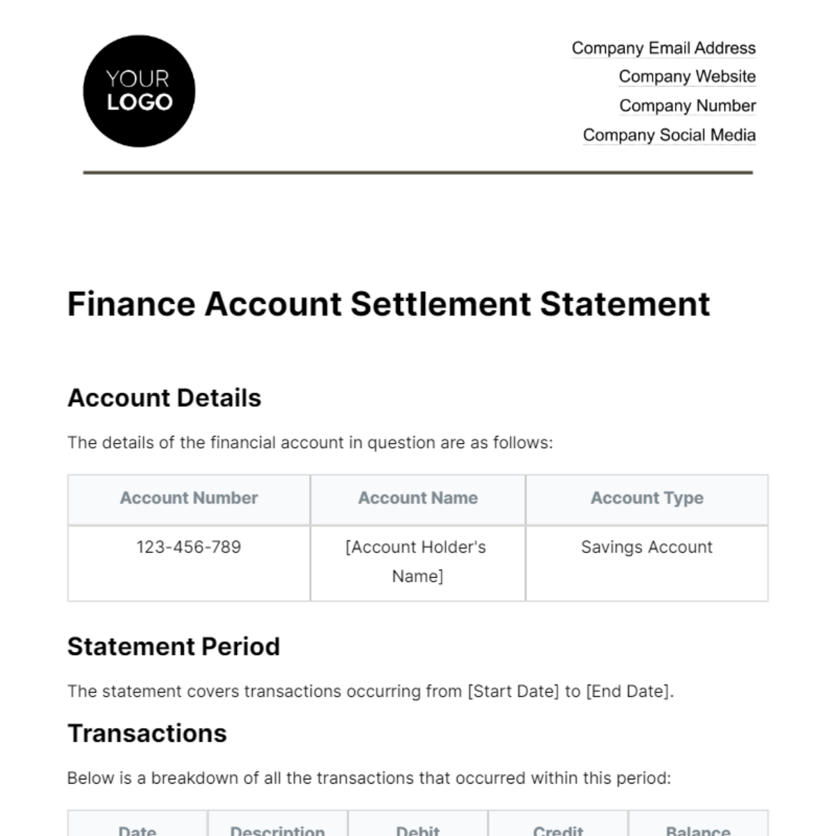 Finance Account Settlement Statement Template
