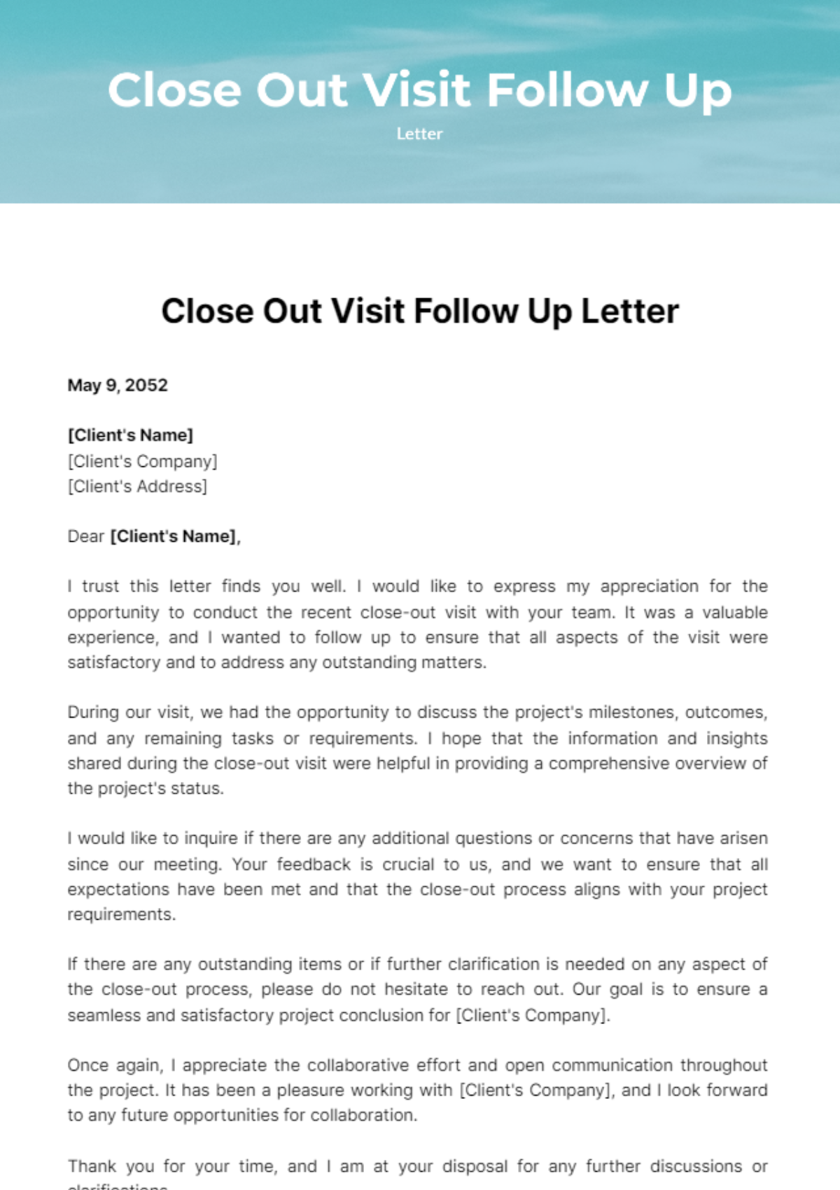 Free Close Out Visit Follow Up Letter Template