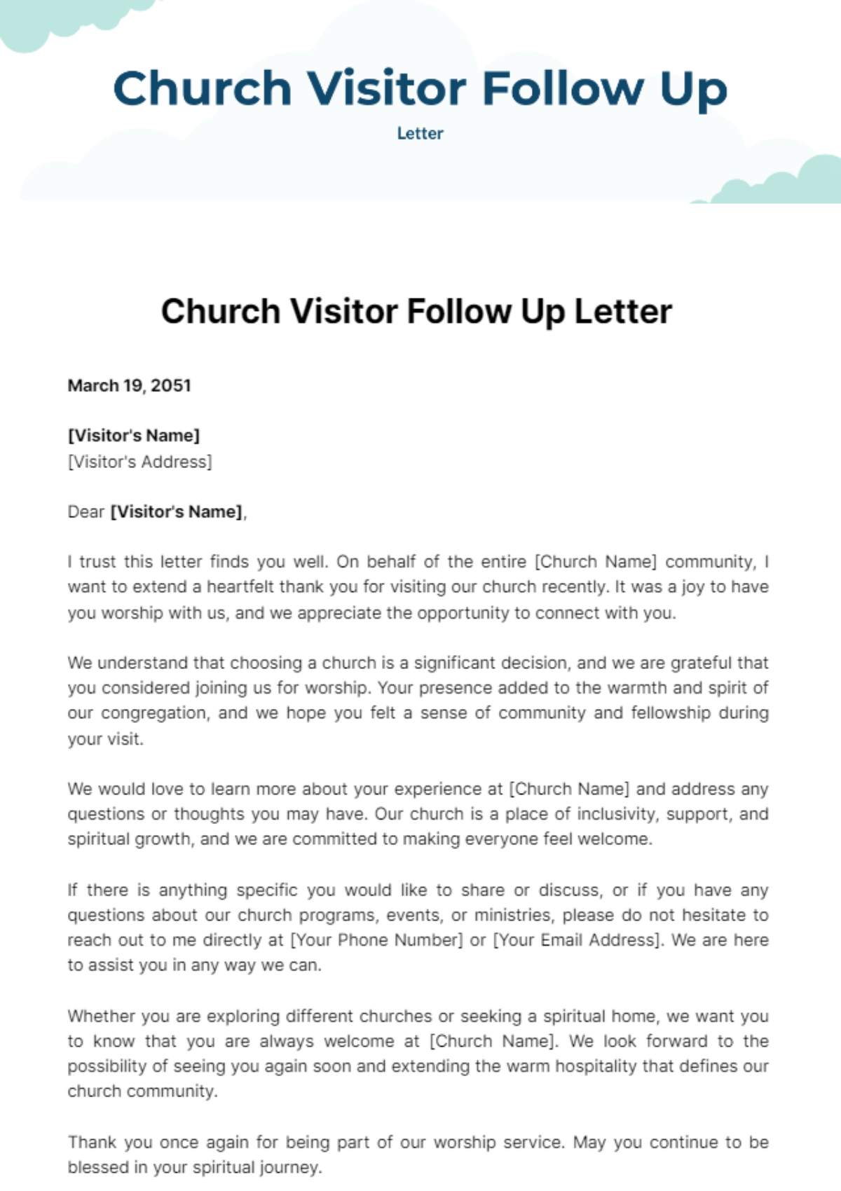 Free Church Visitor Follow Up Letter Template