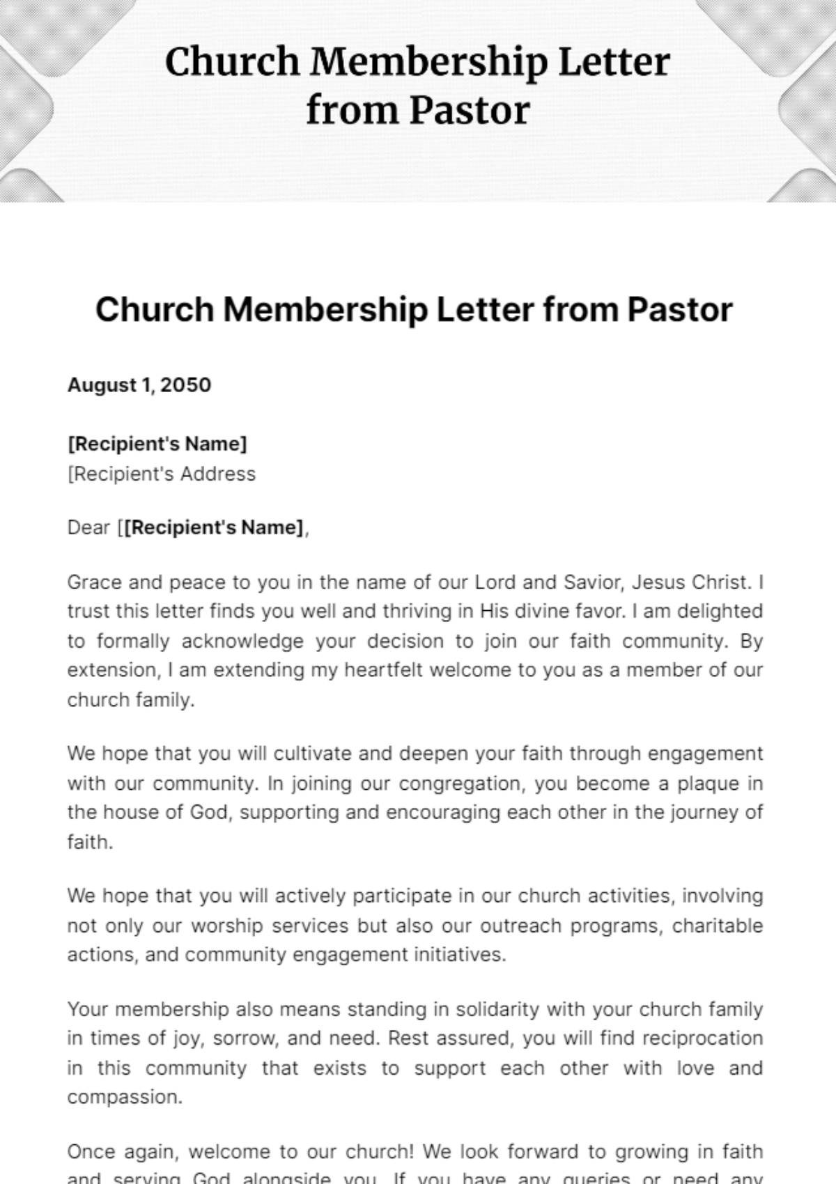 Free Church Membership Letter from Pastor Template