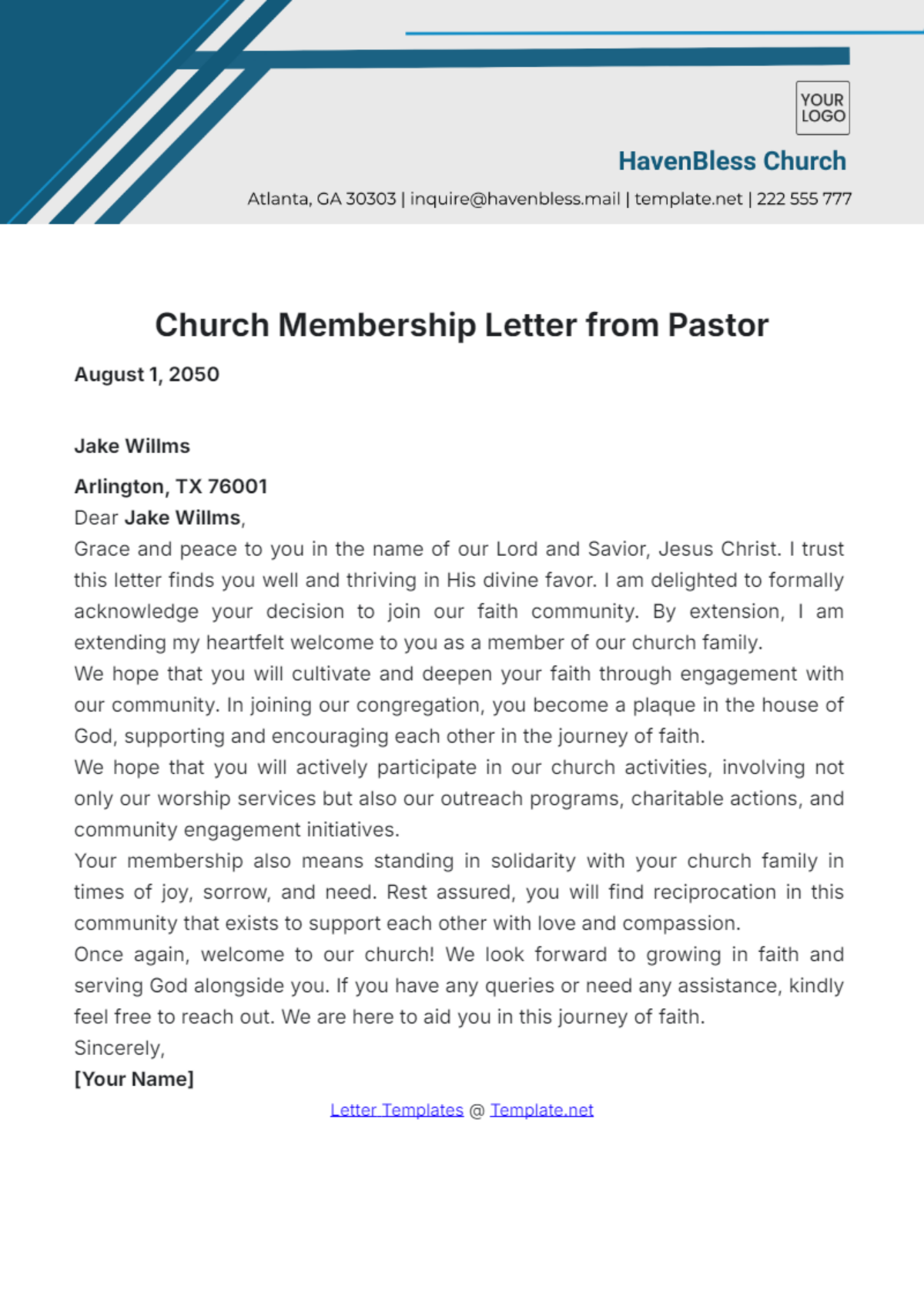 Church Membership Letter from Pastor Template - Edit Online & Download