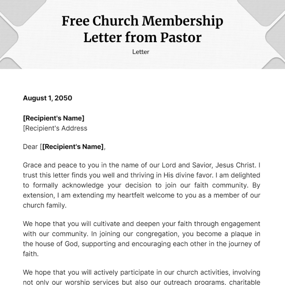 Church Membership Letter from Pastor Template