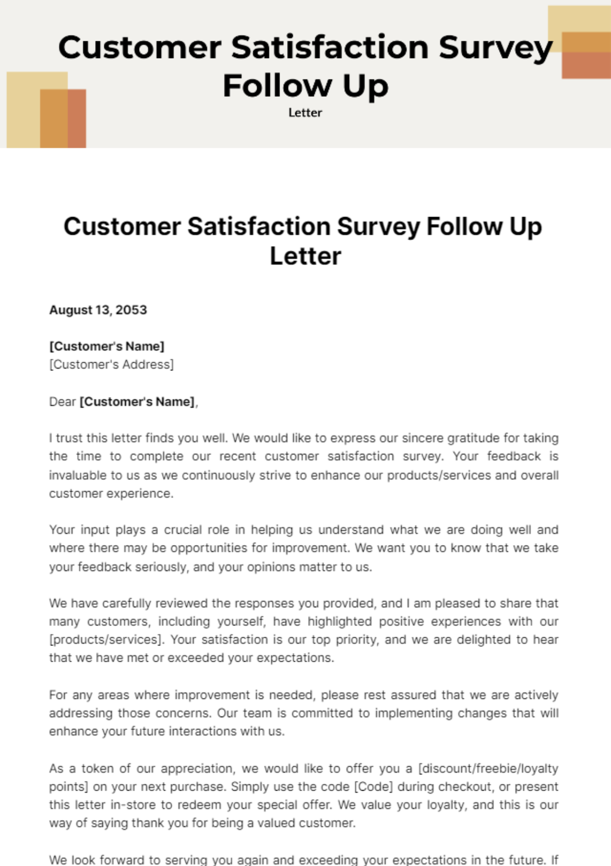 Free Customer Satisfaction Survey Follow Up Letter Template