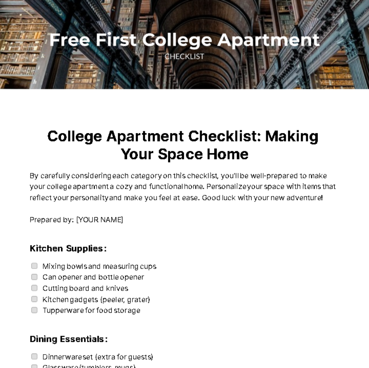 Free First College Apartment Checklist Template