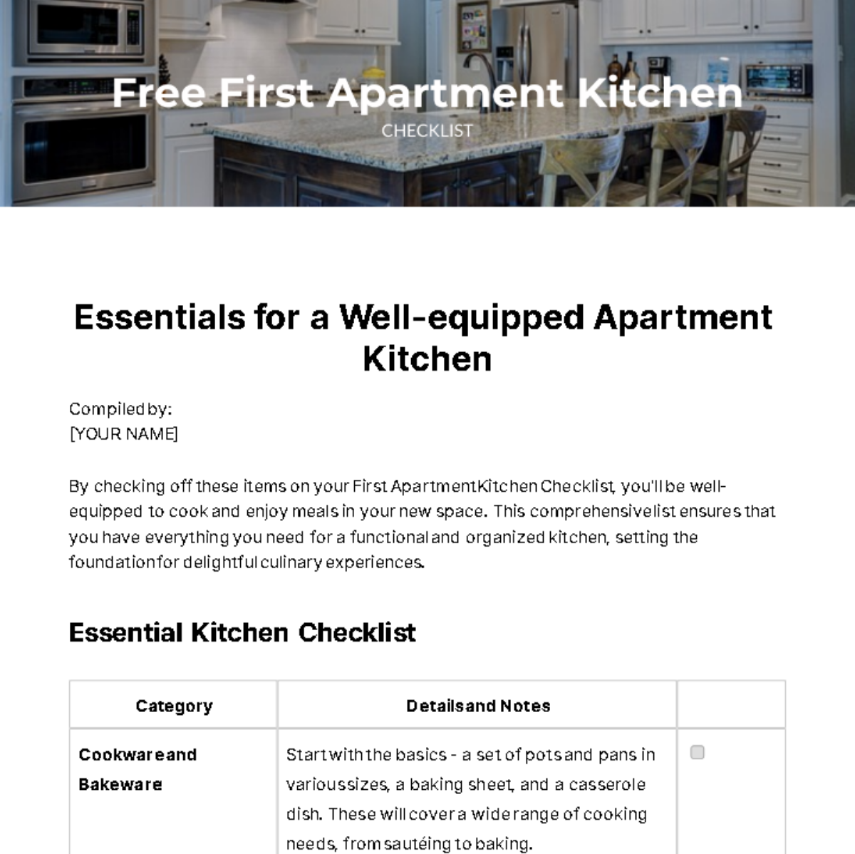 First Apartment Kitchen Checklist Template