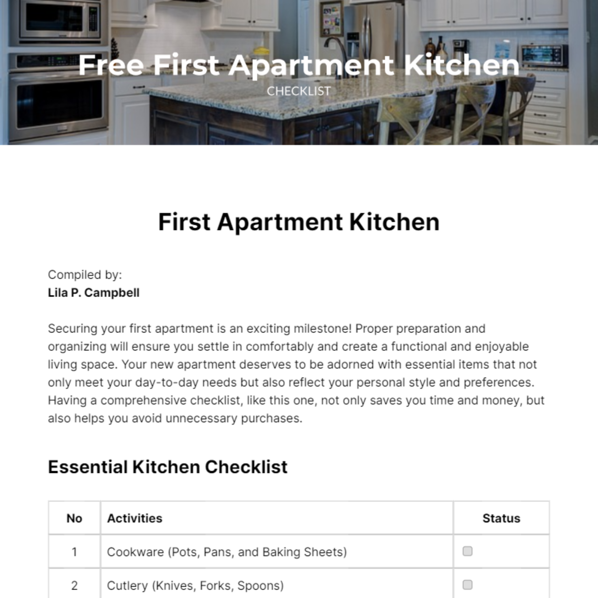 First Apartment Kitchen Checklist Template Edit Online & Download