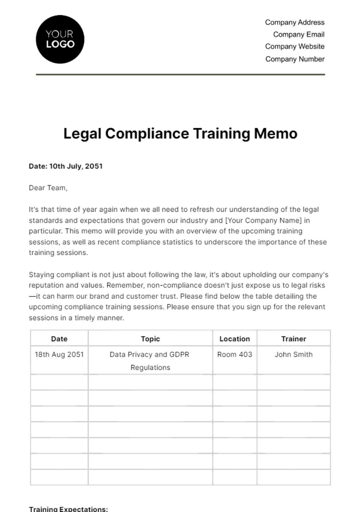 Legal Compliance Training Memo HR Template