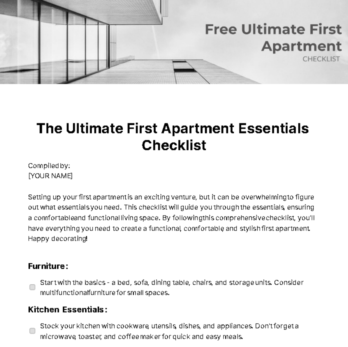 Free Ultimate First Apartment Checklist Template
