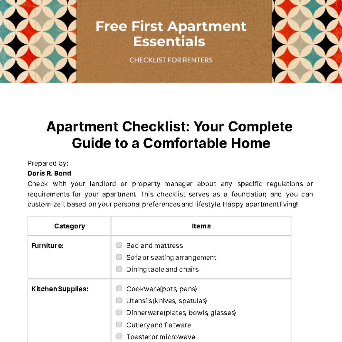 First Apartment Essentials Checklist For Renters Template