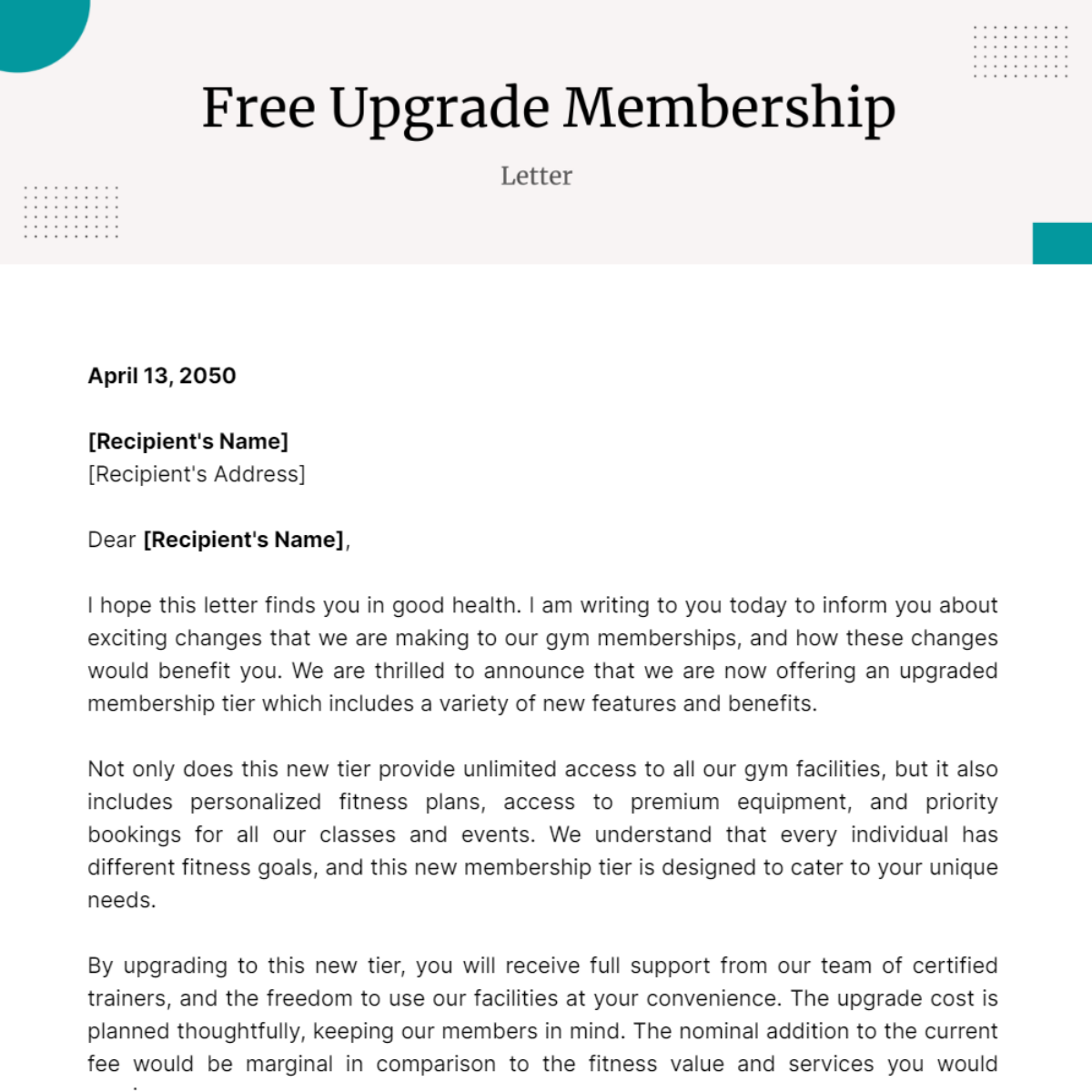 Upgrade Membership Letter Template
