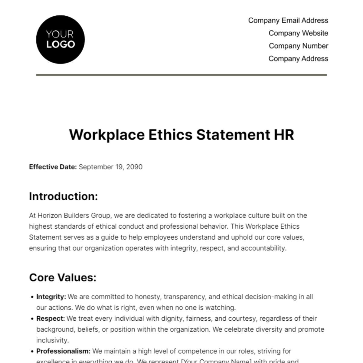 Workplace Ethics Statement HR Template